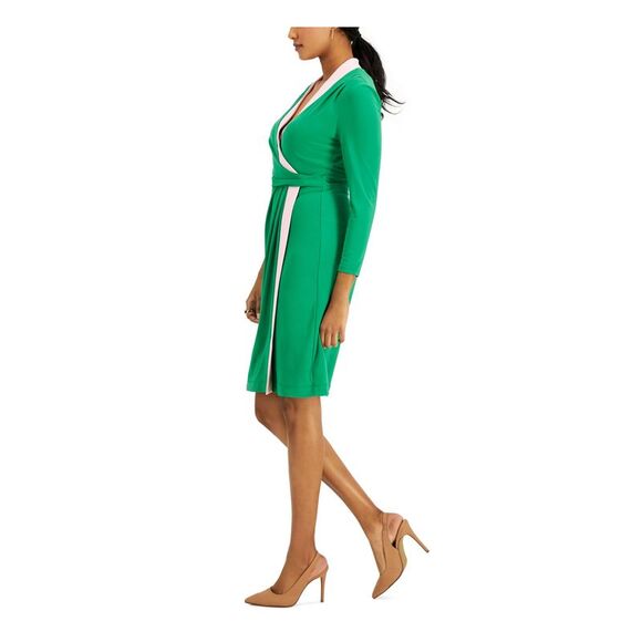 NWT KASPER DRESS Womens Green Lined Long Sleeve Above The Knee Faux Wrap Dress S - Picture 3 of 5